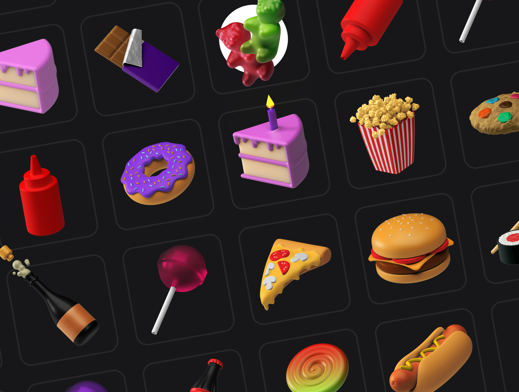 三维渲染卡通食物主题插画图标集 3D Icons Pack