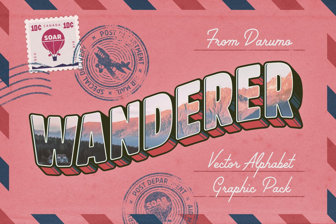 复古邮票大字报旅行主题矢量插图素材合辑 Wanderer V