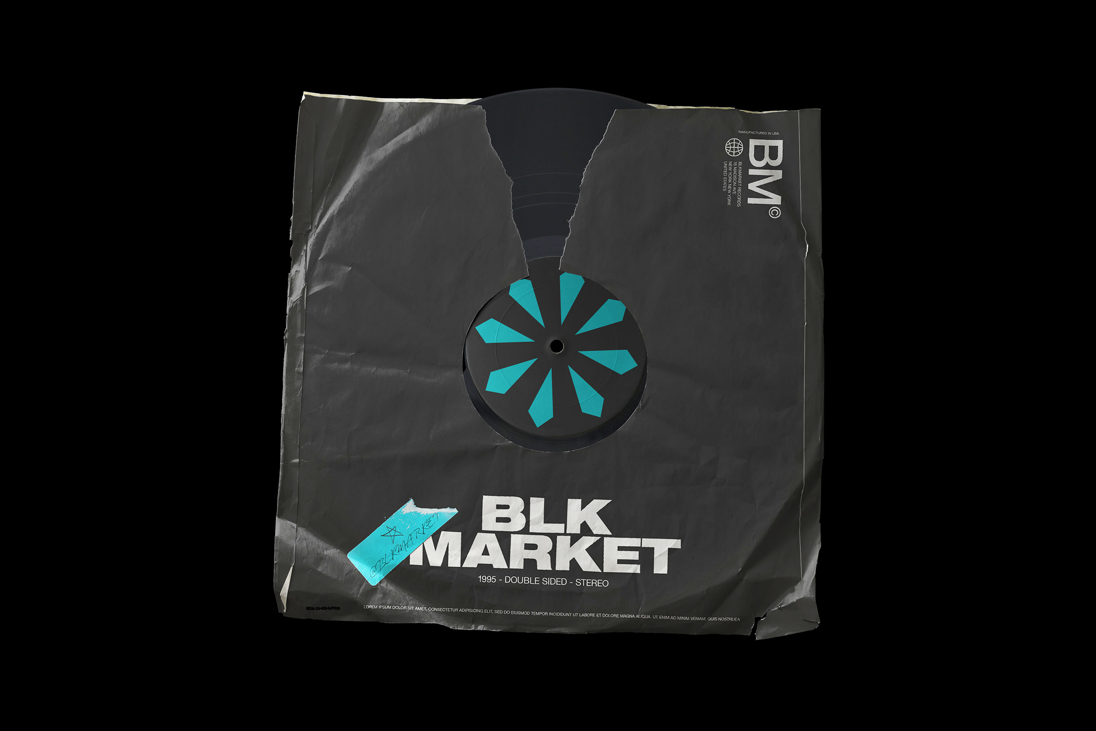 复古撕裂的黑胶唱片纸袋包装封面设计提案样机模板 Blkmar