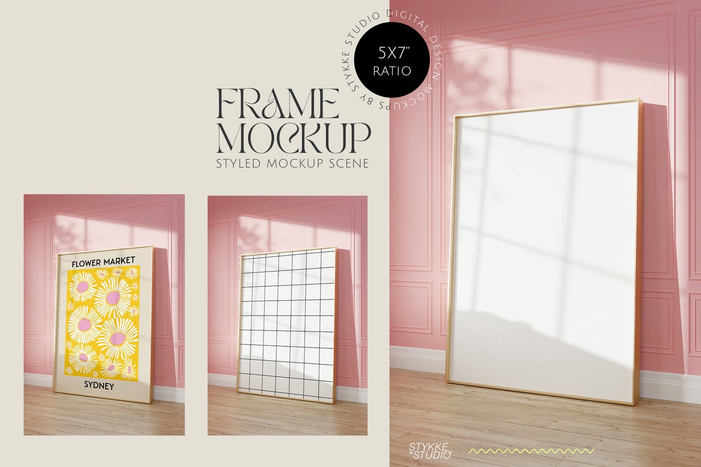 时尚极简主义粉色房间金色艺术画框画布展示样机模板 golde