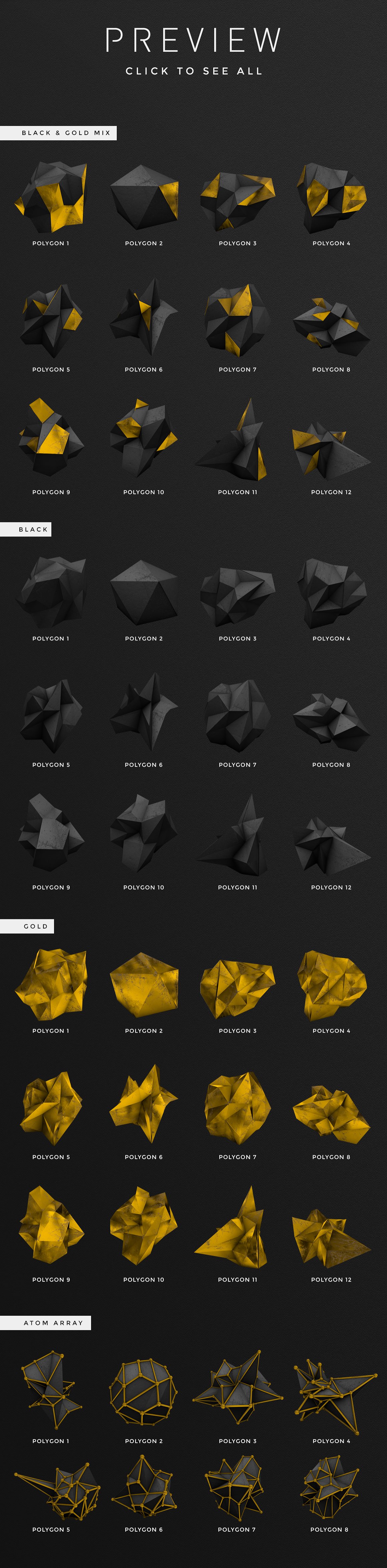3D渲染未来派抽象科幻黑金几何立体形状素 Black &am