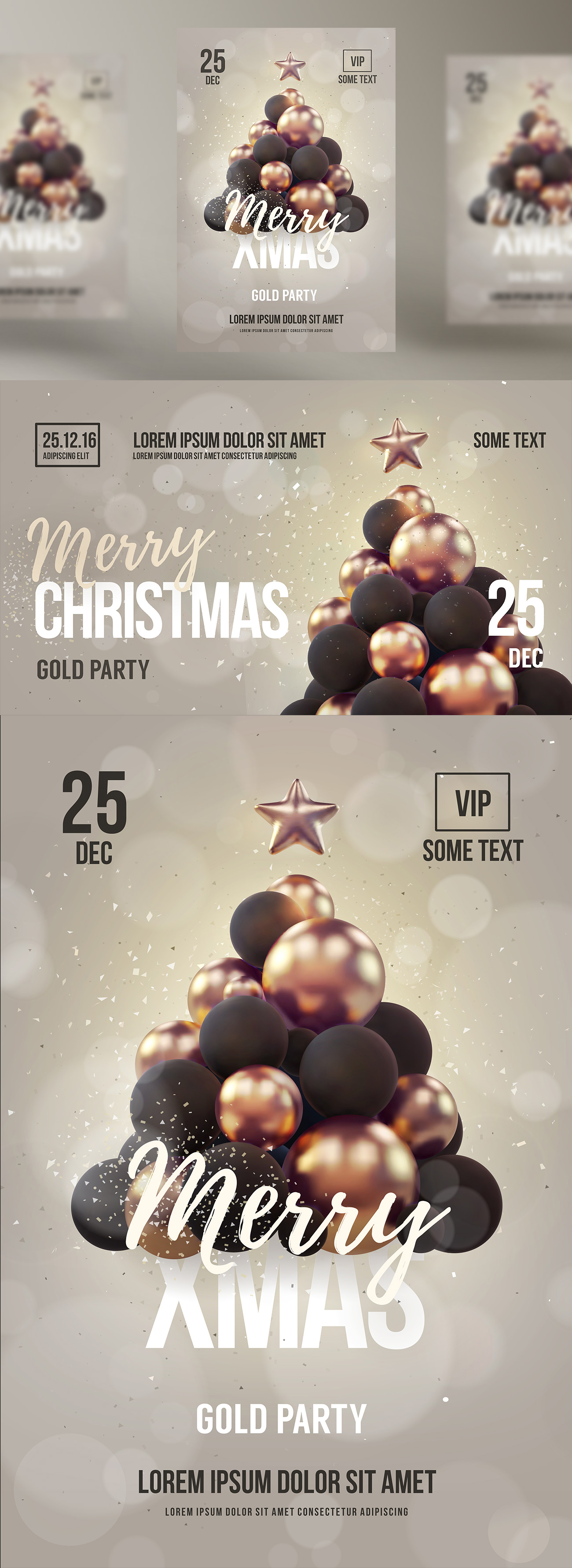 金色圣诞树的新年圣诞海报派对EPS矢量模板