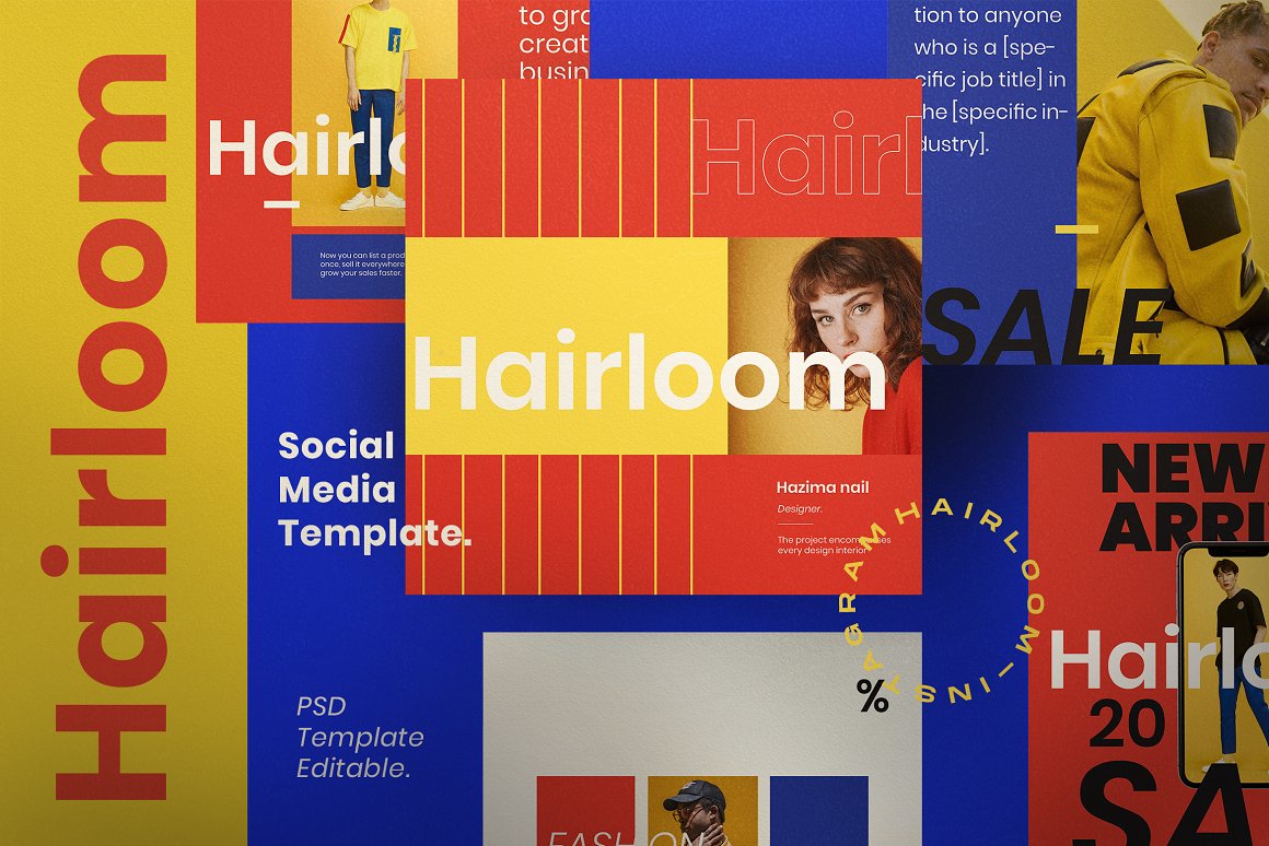 热情洋溢的女性Ins新媒体宣传排版海报PSD模板 HAIRL