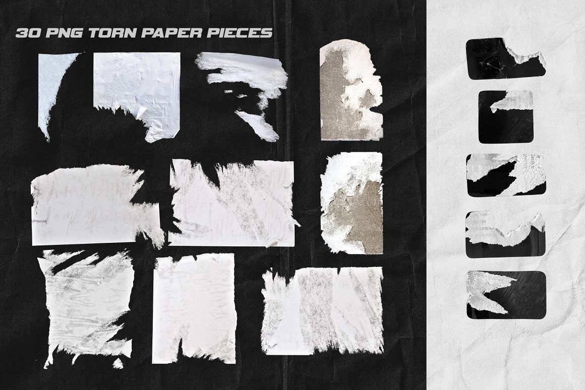 酸性艺术复古撕裂纸张链条异形符号设计素材包 Grunge A