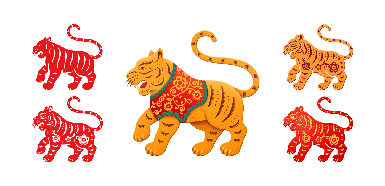 2022中国传统新年剪纸虎年花卉图案矢量素材 Tiger c
