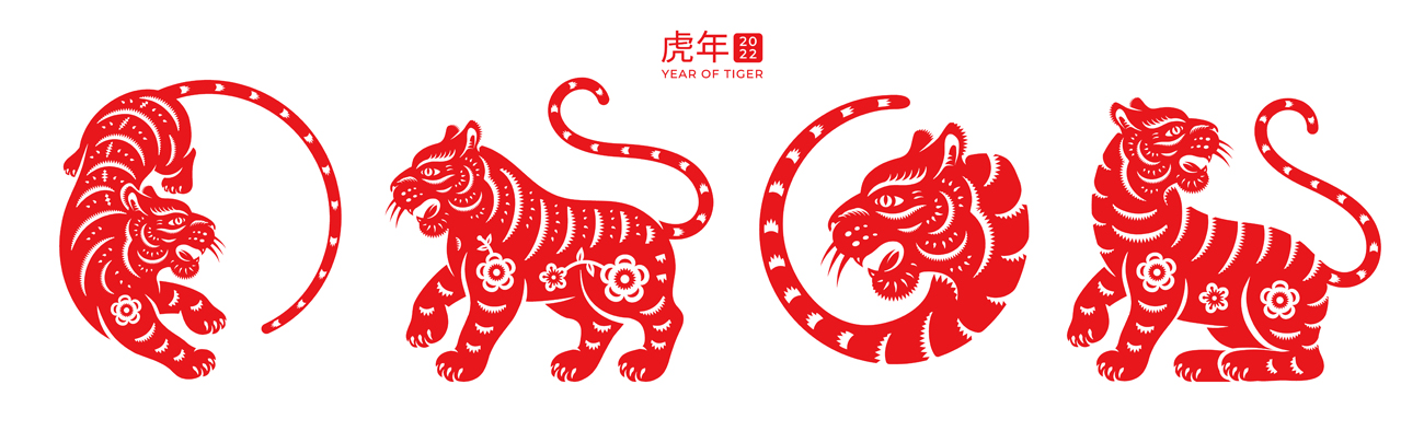 2022中国传统新年剪纸虎年花卉图案矢量素材 Tiger c