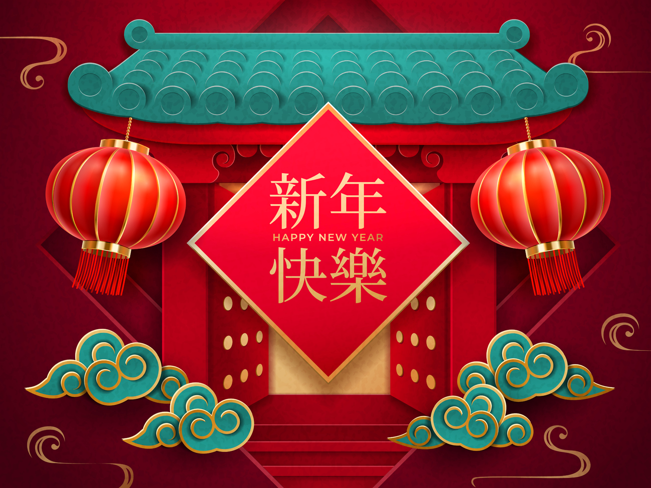 中国年东方传统庆祝新年宣传鞭炮烟花鲤鱼元宝祥云灯笼EPS矢量