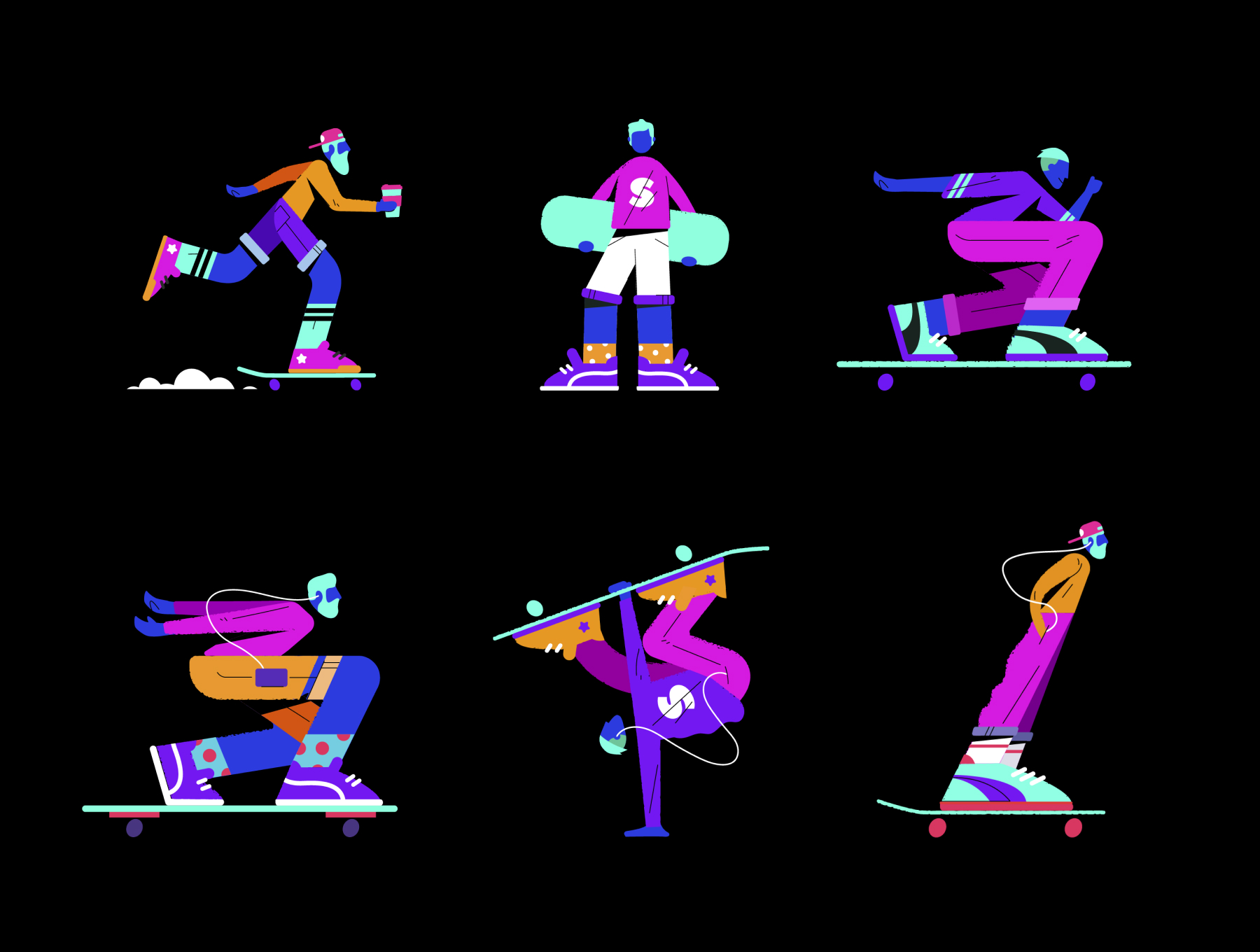 一组霓虹色滑冰运动员滑板爱好者人物插画素材 Neon ska