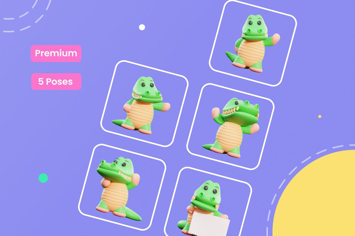 三维可爱鳄鱼卡通形象插画素材 Crocodile 3D Ch