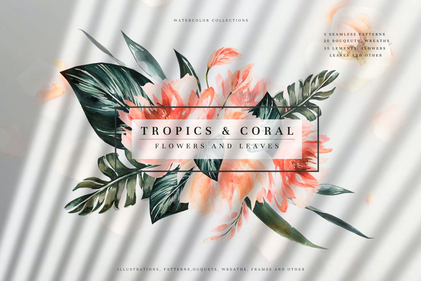 水彩手绘珊瑚龟背竹棕榈树热带植物花卉素材合辑 Tropics
