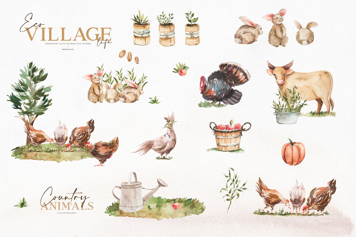 水彩手绘兔子牛鸡鸽子农场动物建筑植物PNG剪贴画素材合辑 W