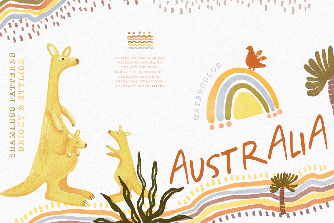 手绘水彩澳大利亚动物抽象卡通儿童几何图案素材合辑 Water