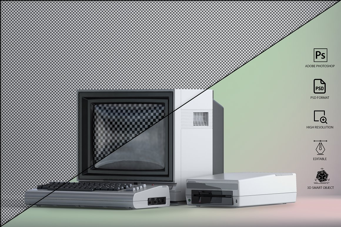 三维渲染复古老物件旧电脑CRT显示器展示样机PSD模板 Co