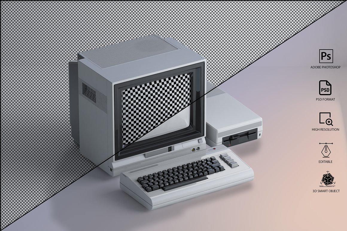 三维渲染复古老物件旧电脑CRT显示器展示样机PSD模板 Co