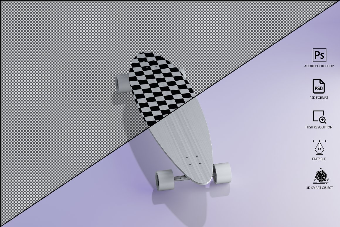 三维渲染街头潮流滑板全视角贴图展示样机PSD模板 Longb