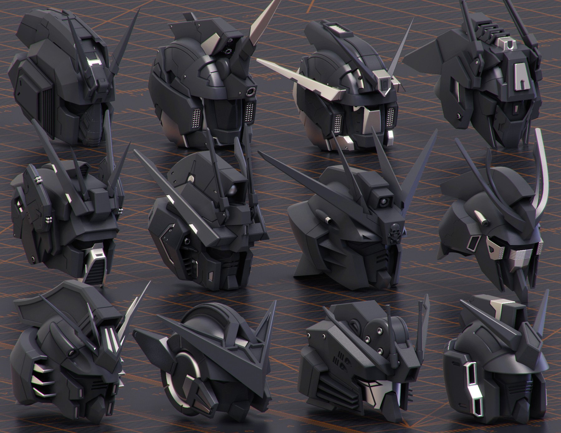 12个日本动漫科幻机甲高达战士机器人头部3D模型 Mech
