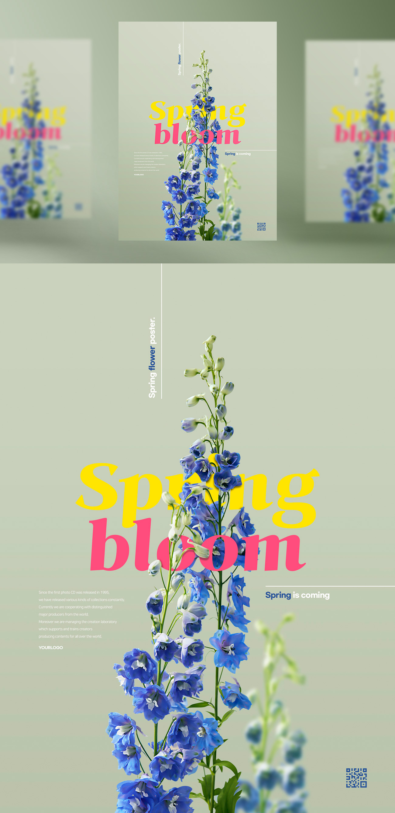 绿色春季春天鸽子花飞燕草花卉植物合成海报PSD模板