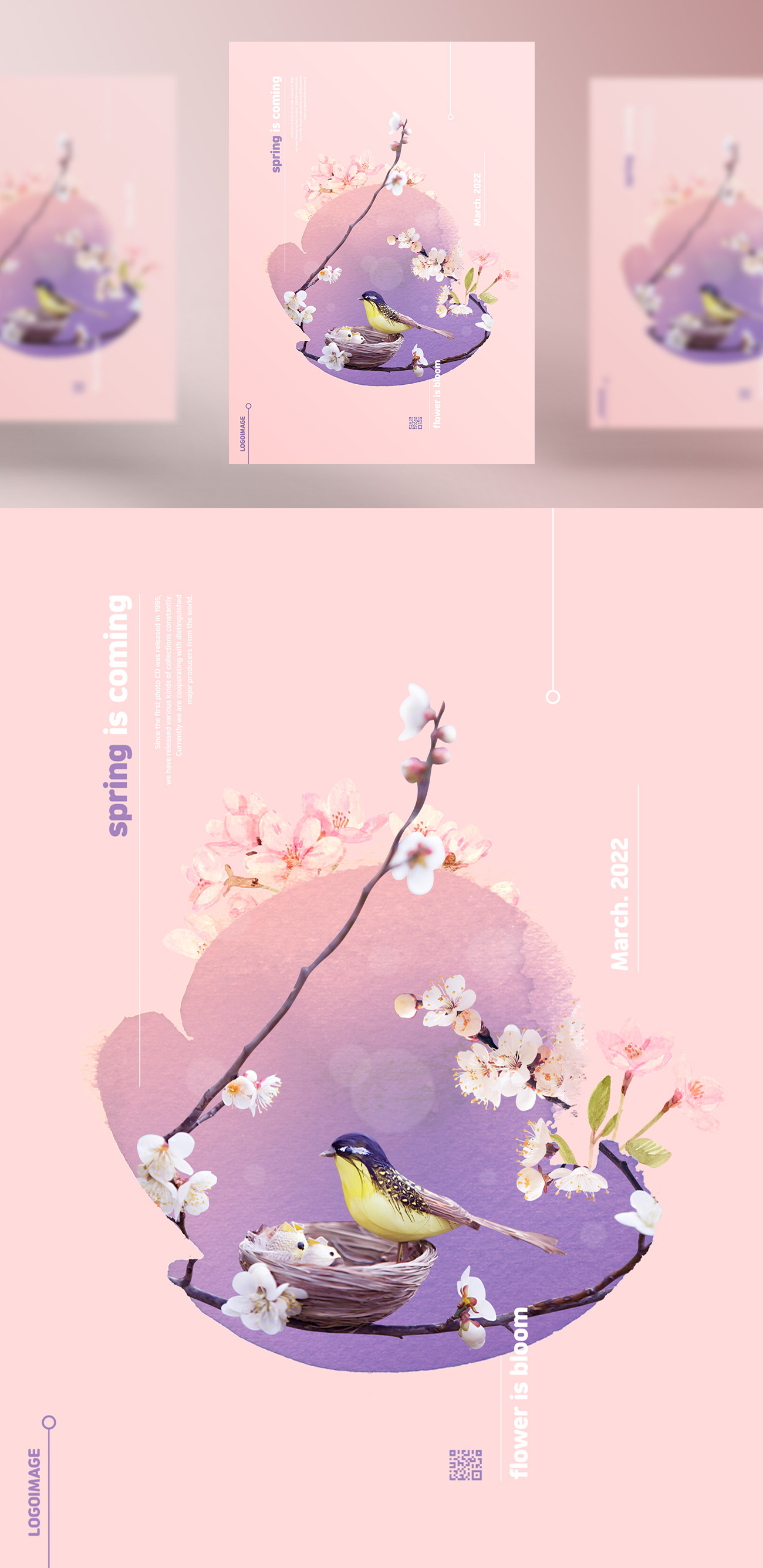 粉色春季春天花卉植物合成海报PSD模板
