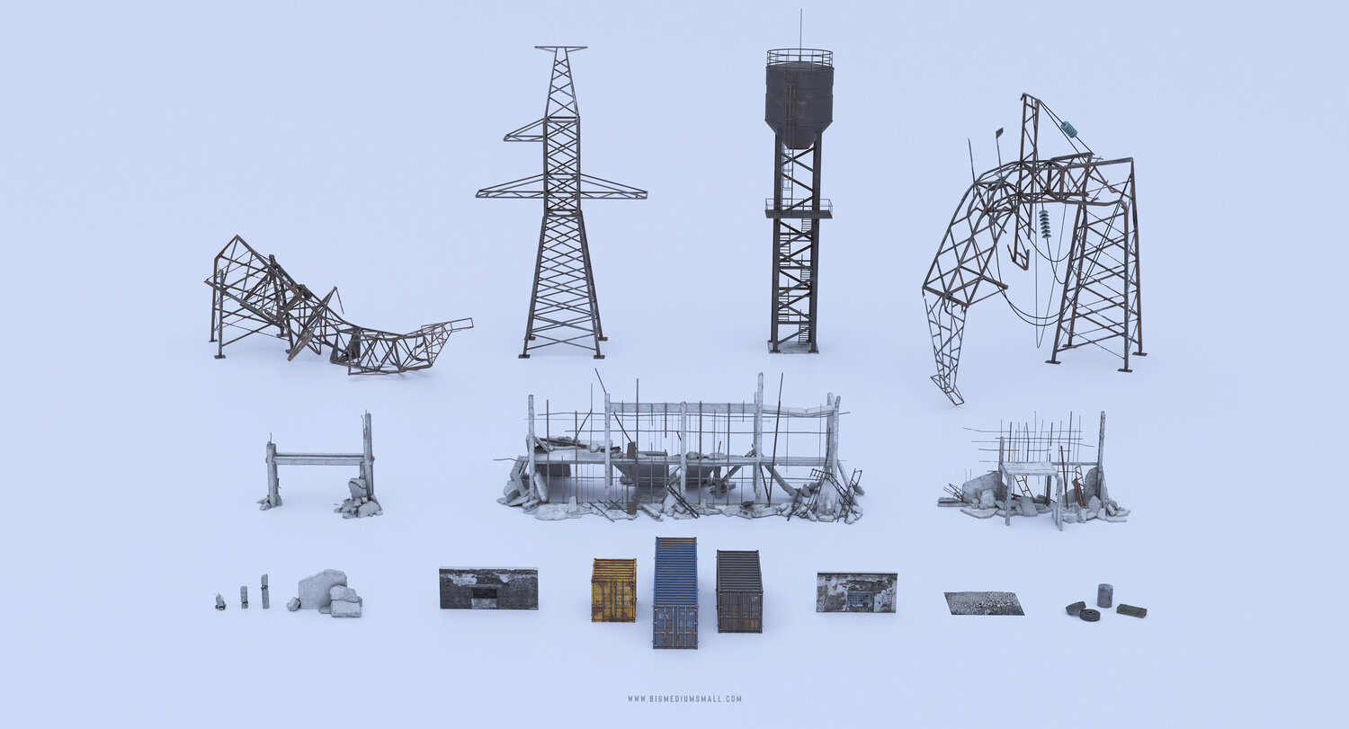 「天启」世界末日系列战后损坏建筑信号塔残垣断壁3D模型素材