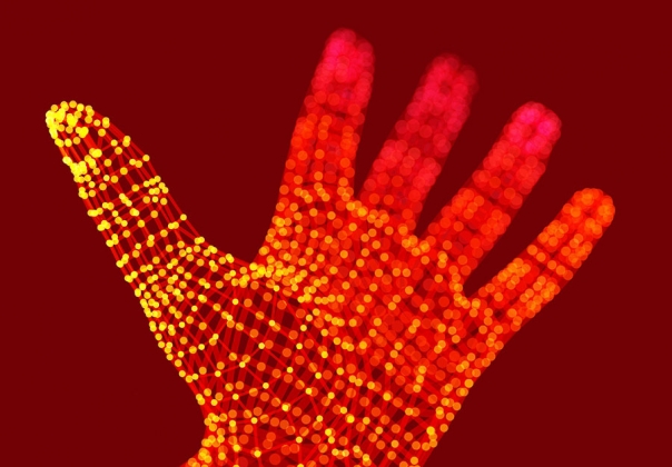 红色左手科技感数码粒子抽象手动作矢量元素