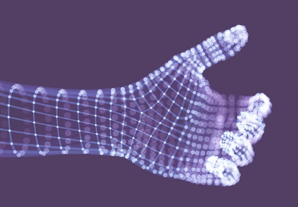 紫色左手科技感数码粒子抽象手动作矢量元素