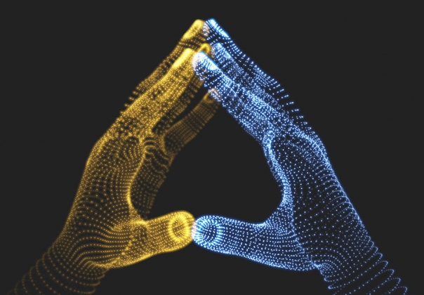 科技感数码粒子抽象双手合拢动作矢量元素