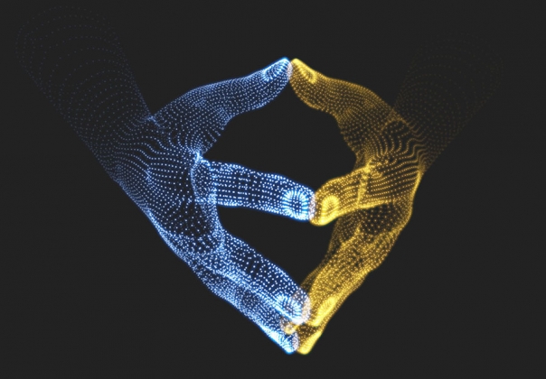 科技感蓝黄色数码粒子双手抽象手动作矢量元素