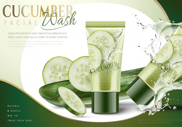 Ai矢量绿色黄瓜保湿化妆护肤品洗面奶海报设计素材Cosmet