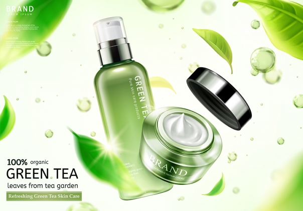 Ai矢量绿茶补水保湿化妆护肤品精华套装海报设计素材Cosme
