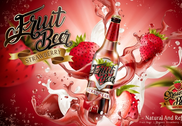 夏季草莓果味啤酒饮料玻璃瓶包装AI矢量海报设计素材模板Sum