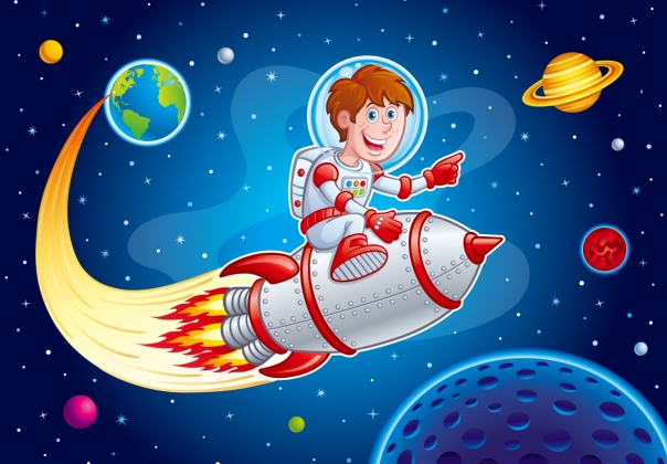 卡通地球火箭发射外太空火箭男孩矢量插图绘画设计素材Rocke