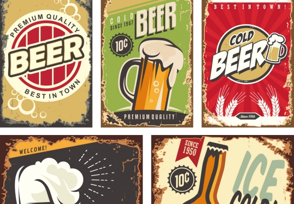 清凉夏季卡通复古啤酒宣传海报矢量设计素材Vintage po