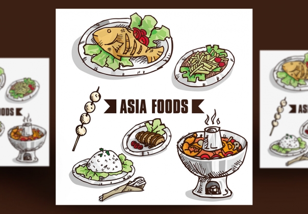 亚洲餐饮美食火锅烧烤串鱼手绘卡通插图矢量设计素材Asia F