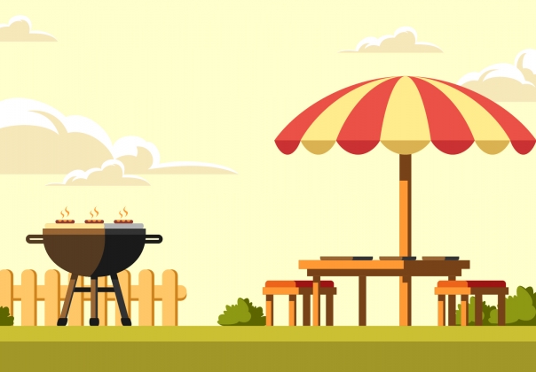 下午后庭院烧烤烤肉矢量插图Backyard_Barbecue