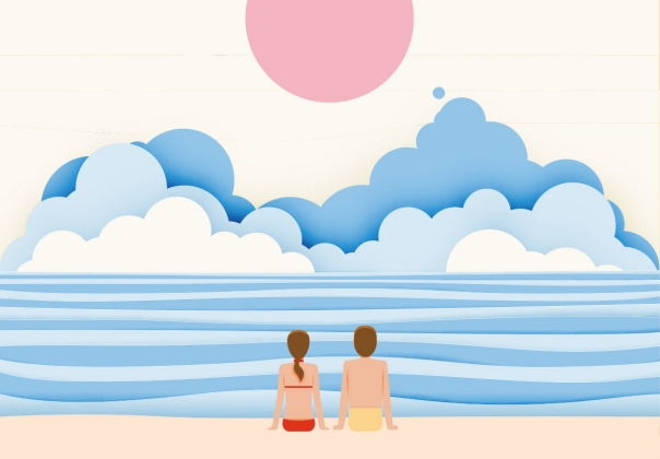 大海沙滩情侣度假纸艺术风格柔和色彩方案EPS矢量插图