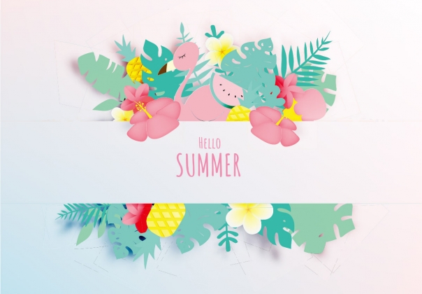 热带花卉火烈鸟纸艺术风格柔和色彩方案背景EPS矢量插图Tro