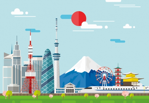 日本东京城市富士山扁平化矢量插图